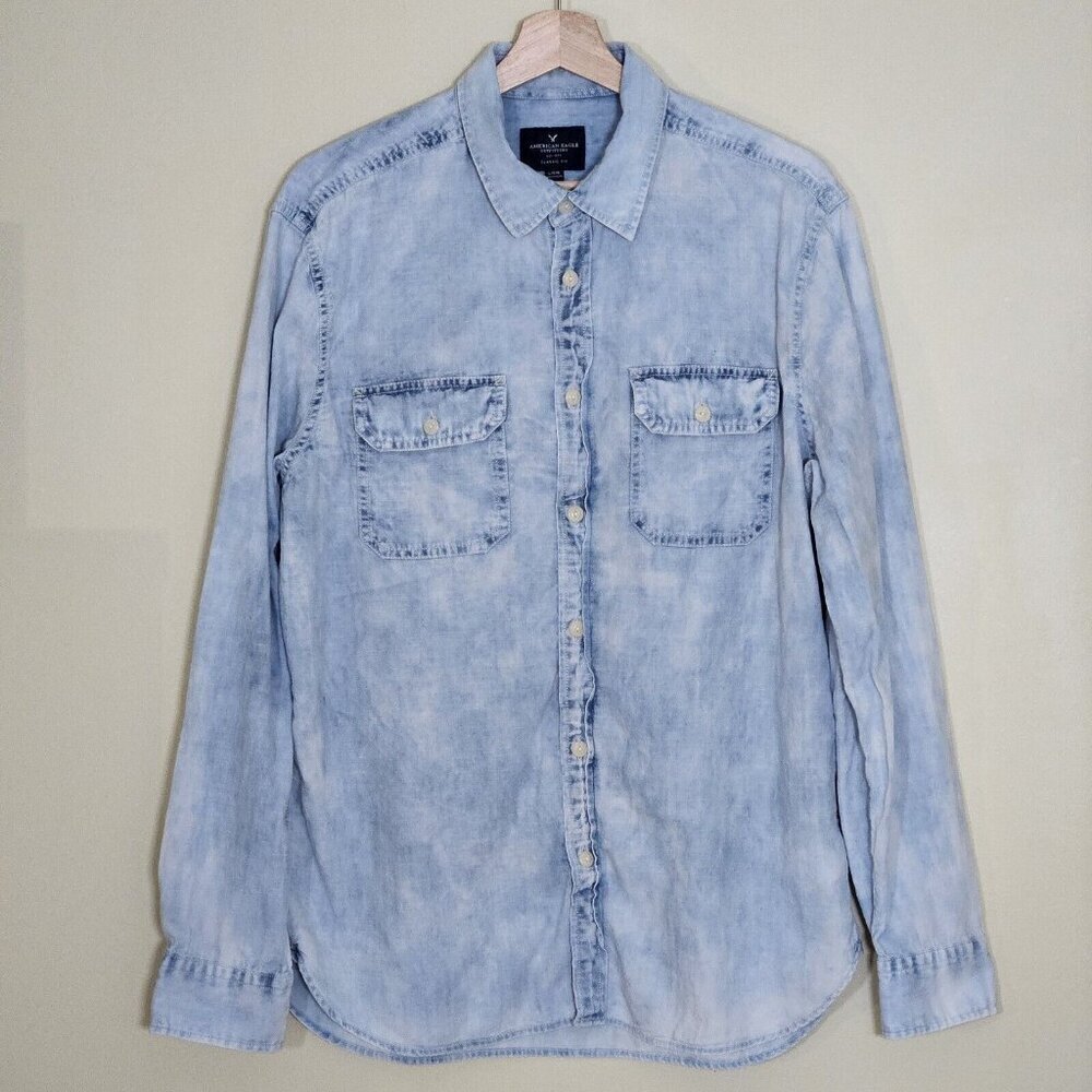 American Eagle Shirt Mens L Blue Collared Button Up LS Denim Faded Hippie Grunge